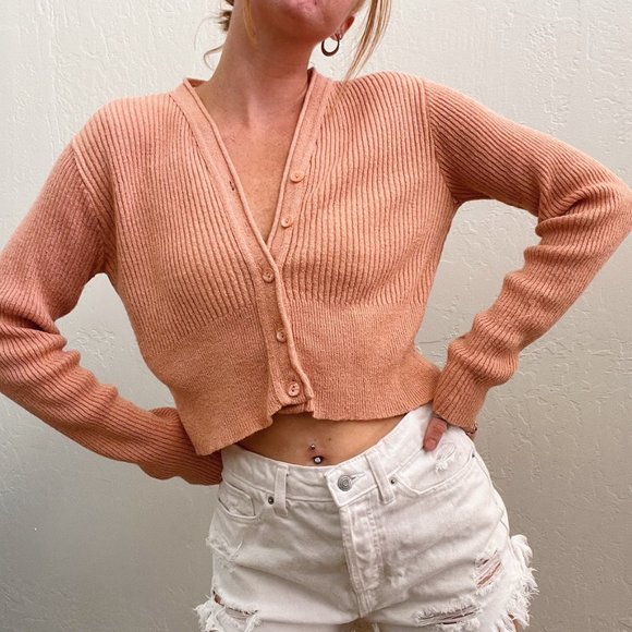 Vintage 90s/Y2K Coral Orange Ribbed Knit Crop Cardigan Sweater - Picture 1 of 5